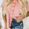 Pink Acid Wash Waffle Knit Short Sleeve Buttoned Shirt