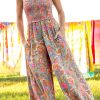 Sky Blue Boho Floral Smocked Sleeveless Wide-Leg Pocket Jumpsuit