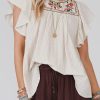 Apricot Stripe Ruffled Sleeve Embroidered Blouse