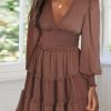 Brown Frill Smocked Detail Sheer Long Sleeve Dress