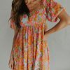 Orange High Waist Square Neck Puff Sleeve Floral Dress