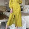 Yellow Ribbon Tie Back Long Puff Sleeve Slit Midi Dress