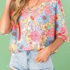 Multicolor Floral Print V Neck Half Sleeve Blouse