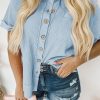 Sky Blue Acid Wash Waffle Knit Short Sleeve Buttoned Shirt