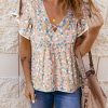 Khaki Crisscross V Neck Ruffle Sleeve Printed Flowy Blouse