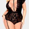 Black Plus Size Strappy Floral Lace Mesh Teddy Lingerie