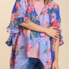 Sky Blue Floral Print Ruffled 3/4 Sleeve Loose Fit Kimono