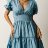 Sky Blue V Neck Bubble Sleeve Ruffle Flared Mini Dress