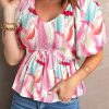 Pink Abstract Print Puff Sleeve Peplum Top