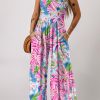 Pink Abstract Floral Painting Smocked Wide Leg Jumpsuit