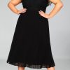 Black Plus Size Lace Bodice High Neck Flowy Pleated Dress