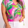 Rose Tropical Leaf Print Plus Size V Neck Blouse