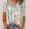 Sky Blue Paisley Pattern Print Drawstring V Neck Blouse