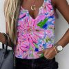 Pink Floral Print Notch Neck Sleeveless Top