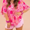 Rose Floral Print Ruffled Half Sleeve Plus Size Babydoll Blouse