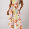 Multicolor Floral Print Shirred Sleeveless Wide Leg Jumpsuit