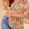 Multicolor Abstract Print Drape Sleeve V Neck Plus Size Babydoll Blouse