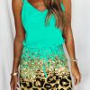 Green Shiny Leopard Print Drawstring Strappy Dress