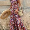 Multicolor Sleeveless Ruffled Lace-up High Waist Floral Maxi Dress