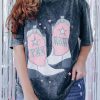 Black YEE HAW Boots Graphic Acid Wash Short Sleeve Top