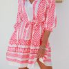 Red Geometric Print Belted Puff Sleeve Dress