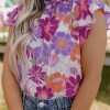 Purple Multicolor Stand Collar Flutter Sleeves Floral Top