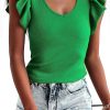 Green Rib Knitted Ruffle Sleeve U Neck Top