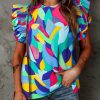 Multicolor Abstract Print Ruffle Sleeve Blouse - Lightweight And Versatile