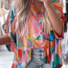 Multicolor Abstract Geometry Print Half Puff Sleeve Loose Shirt