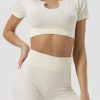 White Ribbed Short Sleeve Cropped Active Top