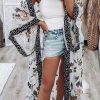 White Floral Print Lace Patchwork Batwing Sleeve Duster Kimono