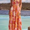 Orange Boho Print Tie Straps Smocked Maxi Dress