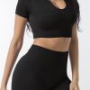 Black Ribbed Short Sleeve Cropped Active Top