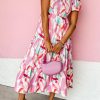 Pink Brush Stroke Printed Smocked Ruffle Tiered Dress