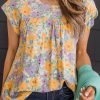 Yellow Floral Print Keyhole Back Short Sleeve Babydoll Blouse