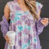 Purple Watercolor Floral Ruffled V Neck Tank Top