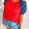 Red Lace Overlay Contrast Star Sleeve Flag Day T Shirt