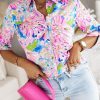 Pink Abstract Floral Print Buttoned Sheath Long Sleeve Shirt