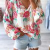 White Notch V Neck Floral Pleated Puff Sleeve Blouse