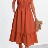 Puff Sleeve Tied V-Neck Smock Waist Frill Midi Dress