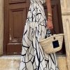 White Abstract Vein Print V Neck Ruffle Maxi Dress