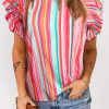 Stripe Abstract Print Stitching Ruffle Sleeve Blouse