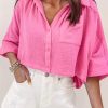 Pink Half Sleeves Crinkled Cropped Shirt