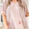 Pink Plus Size Dotty Floral Patchwork Tassel Tie V Neck Top