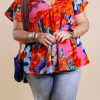 Red Abstract Floral Print V Neck Plus Blouse