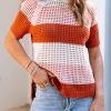 Elegant Brown Crochet Knit Colorblock Stripe Top For Women