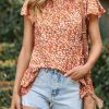 Orange Frilled Neck Flutter Floral Blouse