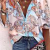 Sky Blue Boho Paisley Print Lantern Sleeve Button-Down Shirt