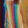 Multicolor Stripe Tasseled Crochet Beach Cover Up