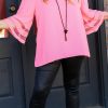 Pink Plus Size Mesh Striped Bell Sleeve Blouse